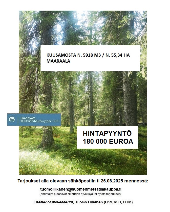 N. 5918 M3 / n. 55,34 ha määräala Kuusamosta. Hieno, erittäin monipuolinen kohde, isot hakkuumahdollisuudet, hyvät metsästysmahdollisuudet! Hintapyyntö 180 000 euroa. Tarjoukset alla olevaan sähköpostiin tuomo.liikanen@suomenmetsatilakauppa.fi