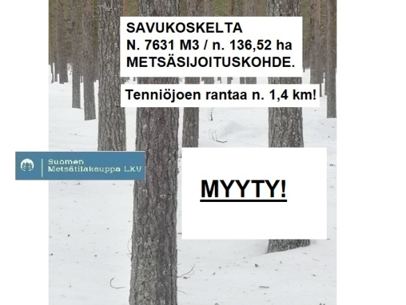 MYYTY! Savukoskelta N. 7631 m3 / 136,52 ha metsäsijoituskohde. Hyviä tukkimänniköitä, Tenniöjoen rantaa n. 1,4 km. Lisätiedot 050-4334720 TARJOA SINÄKIN ISO METSÄTILA MEILLE MYYNTIIN!