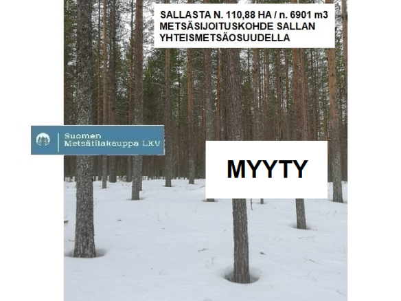 MYYTY! Sallasta N. 6901 M3 / 110,88 ha hyväkasvuinen metsäsijoituskokonaisuus + Sallan yhteismetsäosuus 0,061125. TARJOA SINÄKIN ISO METSÄTILA MEILLE MYYNTIIN! 050-4334720, Tuomo Liikanen
