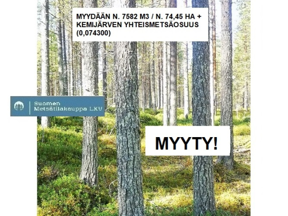 MYYTY! Kemijärveltä N. 7582 m3 / 74,45 ha metsäsijoituskohde + Kemijärven yhteismetsäosuus (0,0743). Tarjoa sinäkin iso metsätila välitykseen meille! 050-4334720, Tuomo Liikanen