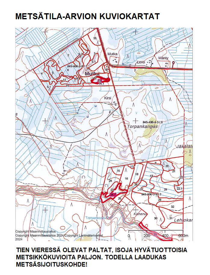 Metsätila-arvion kuviokartta Myydään n. 11964 m3 / n. 89,60 ha kovakasvuinen metsäsijoituskohde Tervolasta tien vierestä. Kasvatusmetsiä n. 9699 m3. Mahdollisuus n. 2900 m3 hakkuisiin! Tarjoukset viimeistään ti 27.10.2026 sähköpostiin tuomo.liikanen@suomenmetsatilakauppa.fi Lisätiedot 050-4334720, Tuomo Liikanen