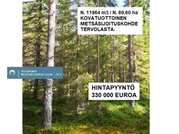 Myydään n. 11964 m3 / n. 89,60 ha kovakasvuinen metsäsijoituskohde Tervolasta tien vierestä. Kasvatusmetsiä n. 9699 m3. Mahdollisuus n. 2900 m3 hakkuisiin! Tarjoukset viimeistään ti 27.10.2026 sähköpostiin tuomo.liikanen@suomenmetsatilakauppa.fi              Lisätiedot 050-4334720, Tuomo Liikanen
