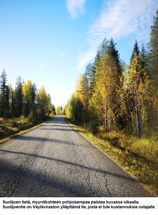 Suolijoentietä myyntikohteen pohjoisemman palstan kohdalta Myydään n. 11964 m3 / n. 89,60 ha kovakasvuinen metsäsijoituskohde Tervolasta tien vierestä. Kasvatusmetsiä n. 9699 m3. Mahdollisuus n. 2900 m3 hakkuisiin! Tarjoukset viimeistään ti 27.10.2026 sähköpostiin tuomo.liikanen@suomenmetsatilakauppa.fi Lisätiedot 050-4334720, Tuomo Liikanen